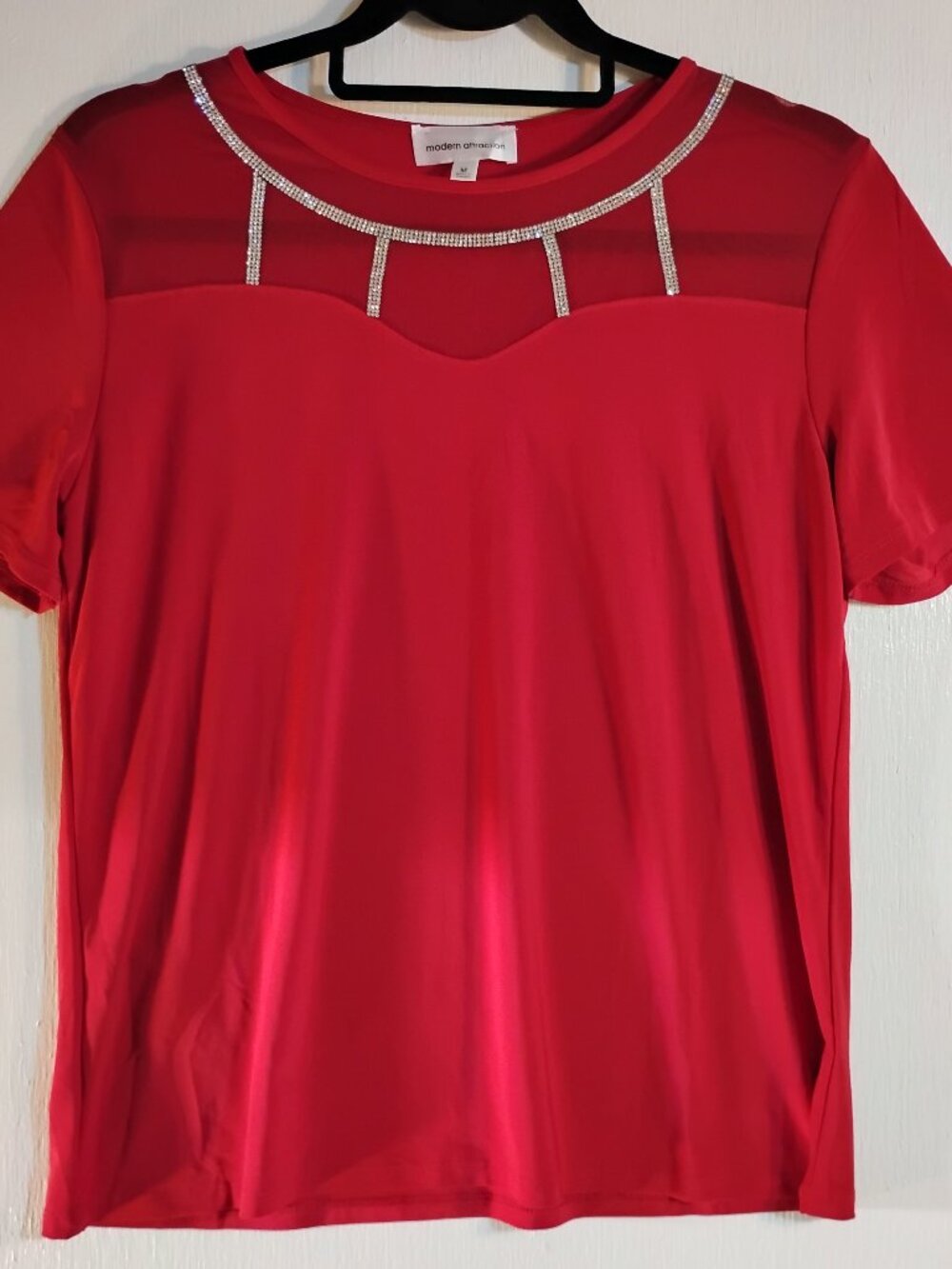 Modern Attraction red short-sleeve top with sheer mesh panel and rhinestones M